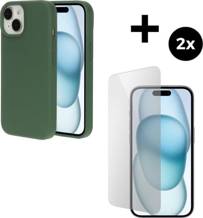 Mobiparts Silicone Cover hoesje geschikt voor Apple iPhone 15 met 2 Screenprotectors van Gehard Glas - Groen