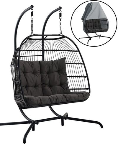 Hangstoel Breeze met Weerhoes – 2-Persoons Hangstoel met Standaard – Opvouwbare Egg Chair voor Balkon, Tuin en Terras – Comfortabele Schommelstoel met Kussens voor Binnen & Buiten