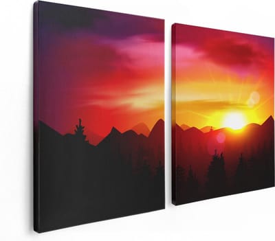 Artaza Canvas Schilderij Tweeluik Zonsondergang In De Bergen - Abstract - 120x80 cm - Wanddecoratie Woonkamer - Schilderijen - Muurdecoratie