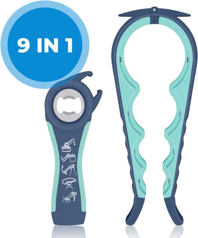 Allesopener 9-in-1 - Pottenopener 3-8 cm - Flessenopener - Dekselopener - Keukenhulp - Bieropener - Ergonomisch & Antislip - Lichtgewicht - Blauw