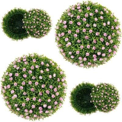 COSTWAY Buxusballen, 2 stuks, 37 cm, uv-bestendig, decoratieve bal met roze bloemen, vormgesneden kunstplant, decoratieve plant, boekbal, kunstplant, decoratieve bolplant voor huis, balkon, bruiloft