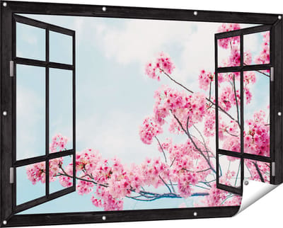 Gards Tuinposter Doorkijk Roze Bloesemboom - Bloemen - 150x100 cm - Tuindoek - Tuindecoratie - Wanddecoratie buiten - Tuinschilderij