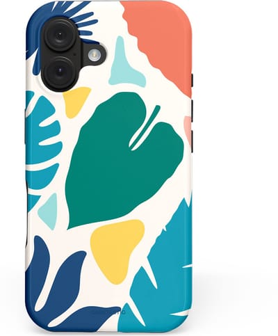 Casetastic hoesje geschikt voor Apple iPhone 16 - MagSafe - Dubbellaagse bescherming - Moderne Kunstbladeren - Fashion Case - Petrol Wit Koraal Lichtgrijs