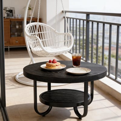 HAUSS SPOLE Salontafel - Rond Met 2 Niveaus En Opbergplank - Voor Woonkamer En Kantoor - MDF En Metaal - 79 Cm - Zwart