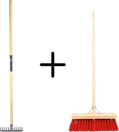 Synx Tools Tuinhark 8 Tanden verzinkt + Nylon Straatbezem 40 cm - Kunststof haren - Bodembewerkers - Onkruidverwijderaar – Schrobborstels – Hark met steel 150 cm – Buitenbezem met steel 150 cm