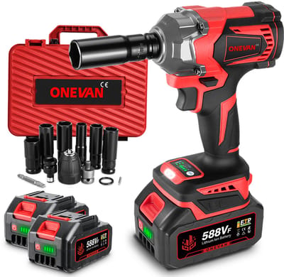ONEVAN Accu Slagmoersleutel - 1000Nm Borstelloze Slagmoersleutels - 21V Draadloze slagschroevendraaier 1/2 " Slagpistool - Boormachines - met 2x accu en 6x dopsleutels - voor huis en auto
