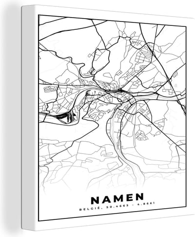 Canvas Schilderij Stadskaart – Plattegrond – België – Zwart Wit – Namen – Kaart - 20x20 cm - Wanddecoratie