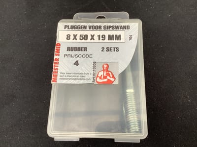 GipswandPlug. 19 mm rubberplug, met bout m8 x 50mm. Lang. Verzinkt. 2 stuks. Meestersmid DeltafiX.