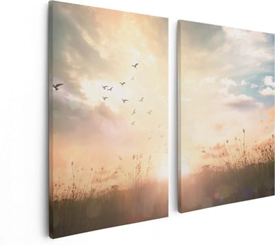 Artaza Canvas Schilderij Tweeluik Silhouet Vogels Tijdens Zonsopkomst - 80x60 - Foto Op Canvas - Canvas Print