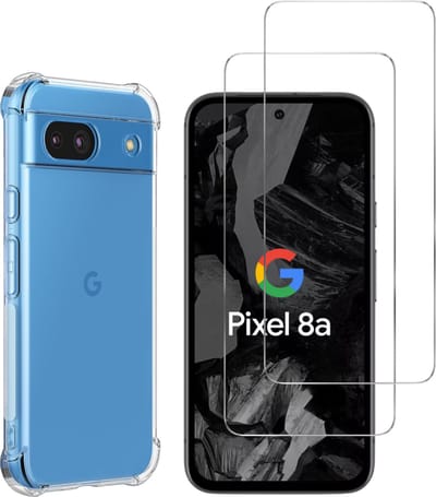 Hoesje voor Google Pixel 8A backcover Shockproof siliconen Transparant en 2 stuks Screenprotector Gehard Glas