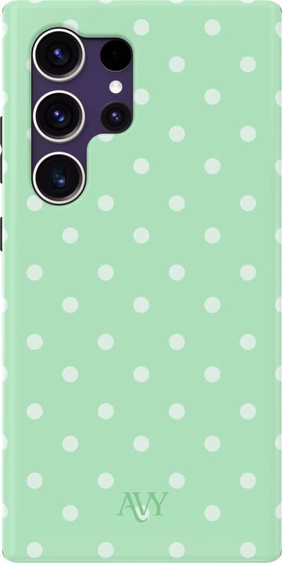 AVY Hoesje geschikt voor Samsung Galaxy S24 Ultra | Mint Breeze | Polka Dots | Matcha & Wit | Hard Shell Back Cover | Compatibel met MagSafe & Qi2