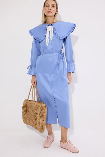Touché Privé - Blousejurk met ruches en brede kraag - Blauw - Dames