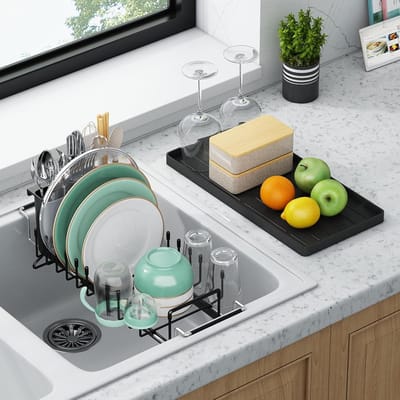 Thijox - Afdruiprek Klein Uitbreidbaar voor Keuken Spoelbak met Siliconen Drooglade en Bestekhouder - Ideaal voor 14''-19'' Aanrecht, Multifunctioneel