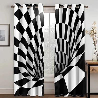 2 Panelen Duizelingwekkende Illusie Zwart-Wit Ruit Abstracte Raamgordijnen voor Woonkamer Slaapkamer Keuken Thuiskamer Gordijn Decor W60H60(CM)x2pcs&Grommet Top white