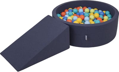 KiddyMoon Schuim speelplaats met helling ballenbad 200 ballen - Foam hindernisbaan baby - Wasbare hoes - Donkerblauw: Lichtgroen Oranje Turquoise Blauw Geel