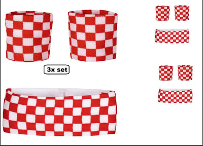 3x Zweetbandjes set rood/wit geblokt 3-dlg - Merk Partyxplosion - sport Brabant zweetband thema feest optocht festival