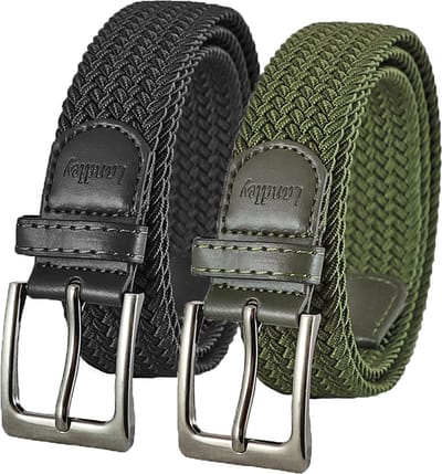 Landley Elastische Gevlochten Stretch Riemen Duopack - Voordeelset met 2 riemen - Dames en Heren - Zwart en Groen - Lengte totaal 100 cm / Riemmaat 85