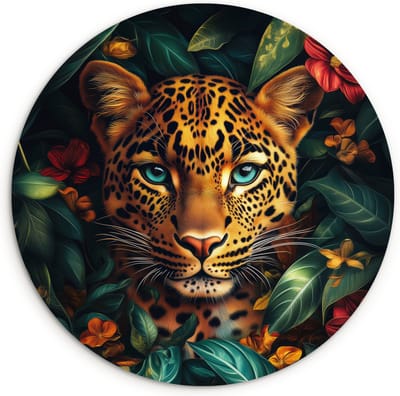 WallCircle® Wandcirkel 120x120 cm - Muurcirkel Luipaard - Natuur - Bloemen - Bladeren - Jungle - Muurdecoratie woonkamer - Wanddecoratie slaapkamer - Kamer decoratie accessoires - Ronde schilderijen XXL