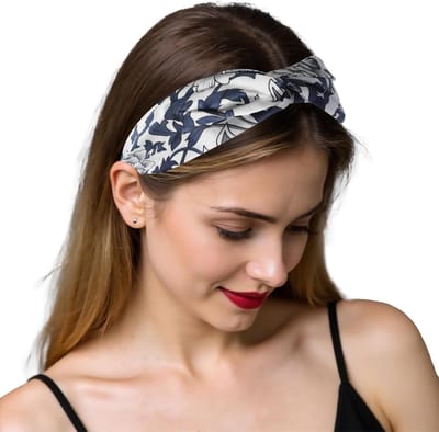 Twist Haarband van Mulberry Zijde met Bloemenpatroon in Marineblauw en Wit, One Size, Perfect voor Stijlvolle Outfits en Haaraccessoires