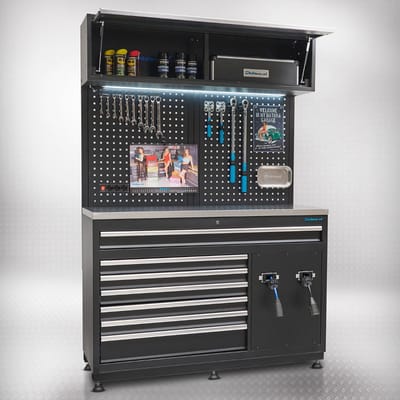 Datona® Werkplaatsinrichting PREMIUM RVS - stroom- en persluchtkatrollen - 136 cm - Zwart