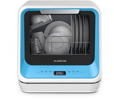 Klarstein Vaatwasser Amazonia Mini - Compact Aanrechtblad, 6 Programma's, 5L Tank of Directe Aansluiting, Energie-efficiëntieklasse D, Stil 58dB, Digitaal Display, Draagbaar Tafelblad voor Kleine Keukens, Blauw - Mini-Vaatwasser - voor Keuken