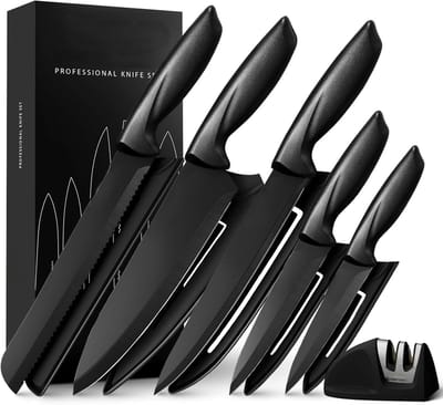 PromoHome Professionele Keukenmessenset 11-delig - Zwarte Roestvrijstalen Keukenmessen met Ergonomische Handgrepen, Keramische Anti-aanbaklaag, Inclusief Messenslijper en Beschermhoezen
