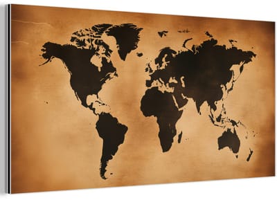Aluminium schilderij 160x80 cm - Wanddecoratie metaal - Wereldkaart - Bruin - Kaart - Metalen muurdecoratie woonkamer - Decoratie industrieel - Foto op dibond - Industriële accessoires slaapkamer