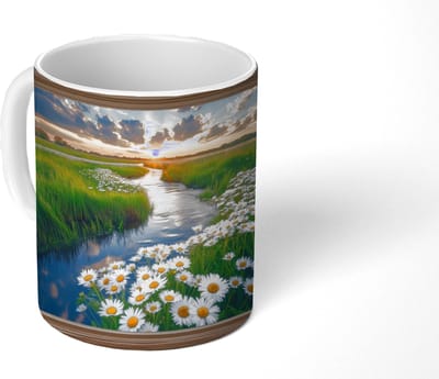 Mok - Koffiemok - Doorkijk - Landschap - Raam - Water - Zonsondergang - Mokken - 350 ML - Beker - Koffiemokken - Theemok