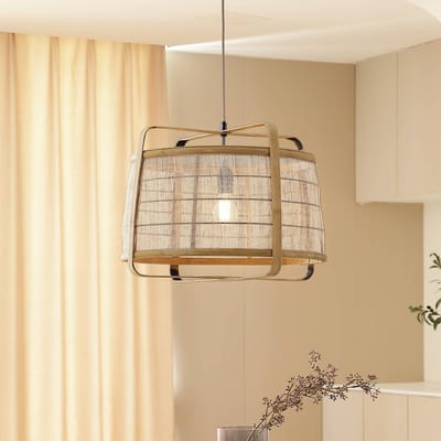 Lindby - hanglamp - 1licht - Bamboe, ijzer - H: 35 cm - E27 - licht hout, zwart