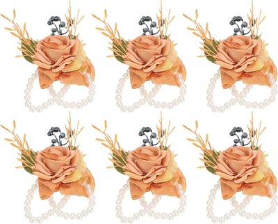 6 Stuks Luxe Pols Corsages voor Bruiloft en Feest - Kunstbloemen Armbanden Lichtbruin