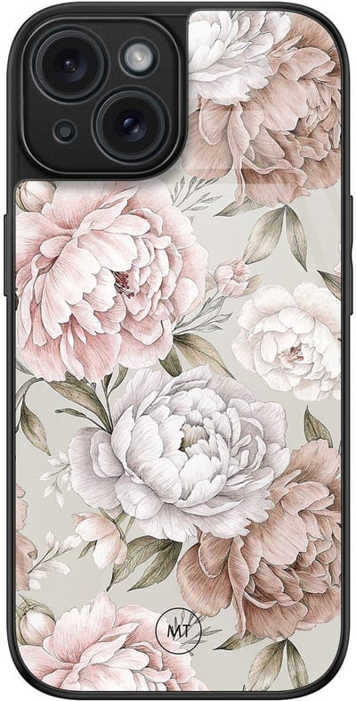 Hoesje geschikt voor iPhone 15 - Klassieke bloemen - Luxe Hard Case - Bloemen - Beige - Mooie Telefoonhoesjes