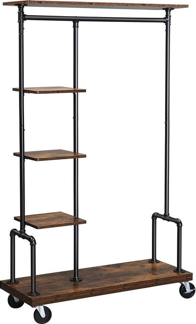 Kledingrek op wieltjes, met 5 planken, van metalen buizen, houtlook, vintage, donkerbruin-HSR66BXV1