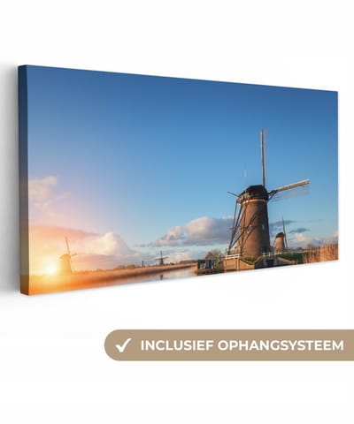Canvas schilderij 40x20 cm - Wanddecoratie Windmolen - Water - Zon - Muurdecoratie woonkamer - Slaapkamer decoratie - Kamer accessoires - Schilderijen op canvas