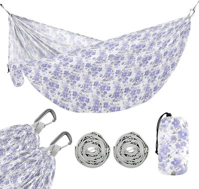 Hangmat - Buitenhangmat Kampeer - Ontspannen Buiten - Met Opbergvak - 114 x 138 cm - Violet Bloemen