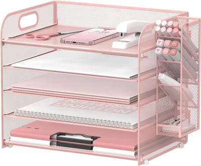Bureau-organizer met 5 etages en afneembare pennenhouders - Documenten en kantoorbenodigdheden organizer (roze)