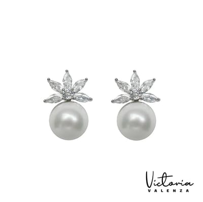 Victoria Valenza Perla Luxe Oorbellen Dames Messing Oorhangers Dames Oorringen - Witte Steen - Kleur Zilver - 1 Paar