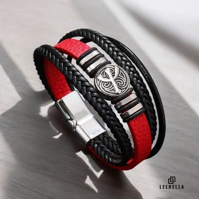 Leerella Rood Gevlochten Leren Unisex Armband met Cactus RVS Logo – 21 cm