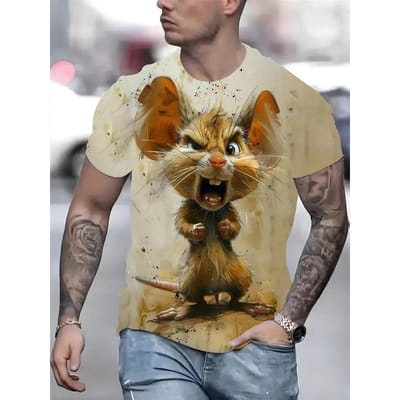 Heren 3D Animal Mouse Print T-shirt Zomer Mode Casual Buitensport Fitness Ronde Hals Korte Mouw Heren Overhemd Kleding 3XL gray