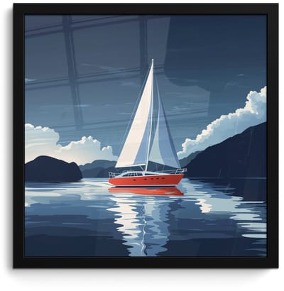 Poster in lijst - Fotolijst 40x40 cm - Posters - Zeilboot - Donkere bergen - Stilte - Posterlijst zwart - Decoratie - Wanddecoratie woonkamer - Muurdecoratie slaapkamer