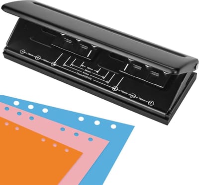 Verstelbare 6-Hole Paper Hole Punch voor A4 A5 A6 A7 B5 - 4-Gat Perforator met Slot en 6 Vellen Capaciteit, Zwart