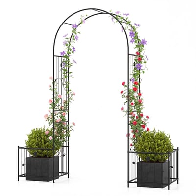 COSTWAY Rozenboog met 2 bloembakken, tuinboog van metaal, stabiel, voor klimplanten, hekwerk met plantenbakken, klimhulp, rankrooster, klimboog, halve boog voor tuin, 198 x 49,5 x 221 cm