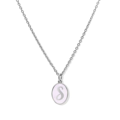 New Bling 9LA-20059-S Zilveren Ketting met Letterhangertje - S - Ovaal - 12x8,8mm - Emaille - Lila - Initiaal sieraad - Rhodium - Zilver