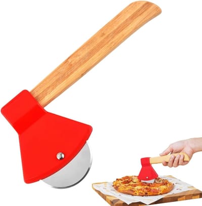 Pizzasnijder, roestvrij staal, grappige pizzaroller, handmatig pizzames in bijl, snijmes met houten handvat, pizzasnijder voor het snijden van pizza's, wafels, pannenkoeken, rood