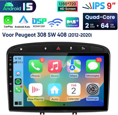 Junsun Autoradio Geschikt voor Peugeot 308, 408, 308SW, RCZ 2012-2020 met Android 15, Draadloze CarPlay & Android Auto, Bluetooth, GPS-navigatiesystem, 9 Inch TouchScreen, WiFi & USB, FM & RDS, Stuurwielbediening, 2GB + 64GB, DSP, Quad-core processor