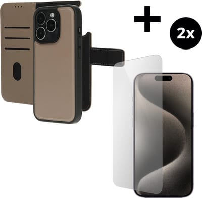 Mobiparts Leather 2 in 1 Wallet Case hoesje geschikt voor Apple iPhone 15 Pro met 2 Screenprotectors van Gehard Glas - Beige