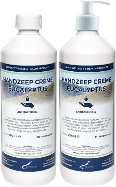 Handzeep Crème Eucalyptus 500 ml - set van 2 stuks - met gratis pomp - Voordeelverpakking