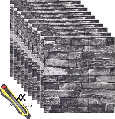 Nevolis 3D Wall Panels 35 x 38.5 cm Self-Adhesive Kitchen Backboard Brick Wallpaper Stone Look 4 mm Stone Wallpaper Wall Sticker Waterproof Wall Wallpaper for Kitchen Bedroom - Pack of 10 Hyesrtey .