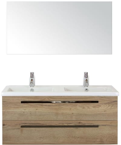 Seville Badmeubelset 120 cm - 2 Laden Natuur Eiken - Wastafel Djazz Dubbel met Spiegel