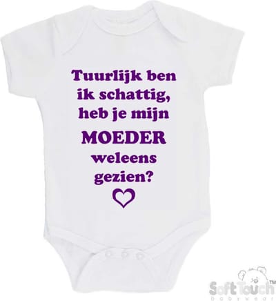 100% katoenen Romper "Tuurlijk ben ik schattig, heb je mijn moeder weleens gezien?" Meisjes Katoen Wit/paars Maat 56/62