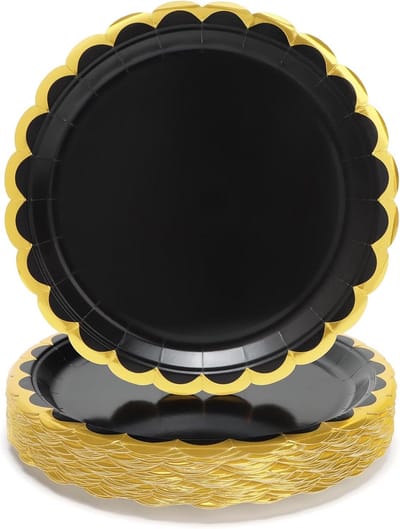 Set van 50 Stuks 9 Inch Zwarte Golfrand Warm Geperste Papieren Borden voor Diner, Desserts en Feestjes, Ideaal voor Verjaardagen, Bruiloften en Babyshowers